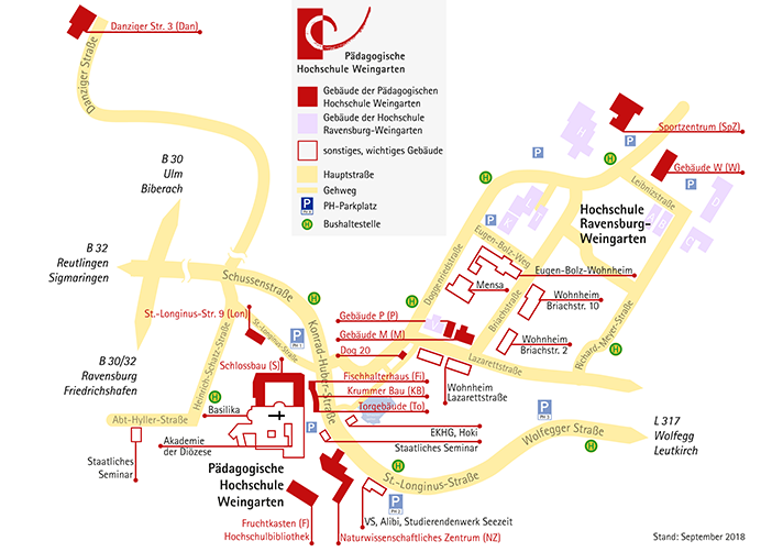 Map showing the university campus and location of buildings