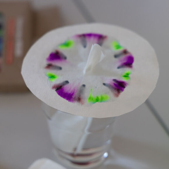 Schöne Muster entstehen, wenn sich Wasser auf einem angemalten Papier ausbreitet. AWW Stiftung Kinder forschen